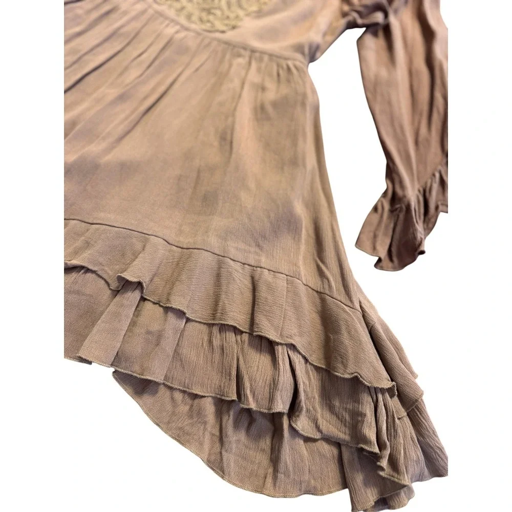 Mia Joy Joyfolie Tan Lace Applique Ruffle Sleeve Boho‎ Mini Dress Womens Small